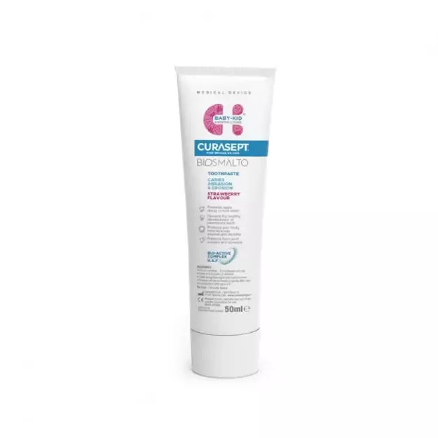 CURASEPT Biosmalto Baby-kid, vaikiška dantų pasta su fluoru, braškių skonio, 50 ml