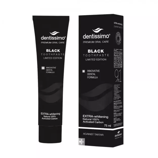 Balinanti dantų pasta DENTISSIMO Extra - Whitening, juoda, 75 ml